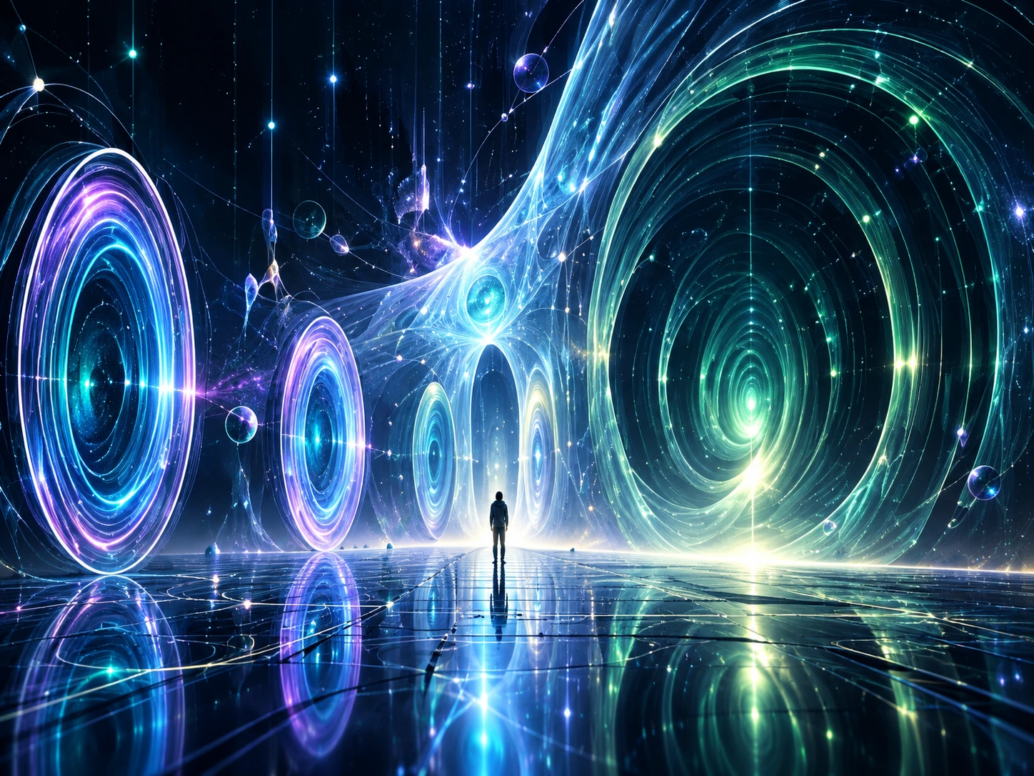 A person facing vast luminous portals in an imagined future
