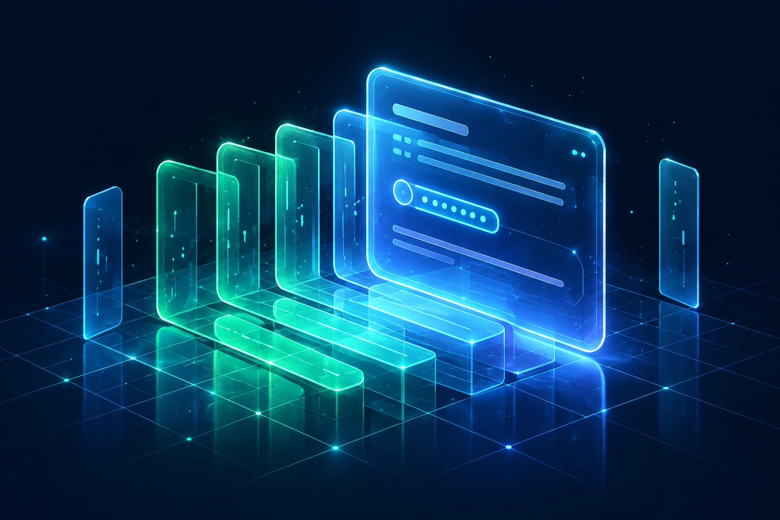 Holographic prompt panels connected on a luminous grid