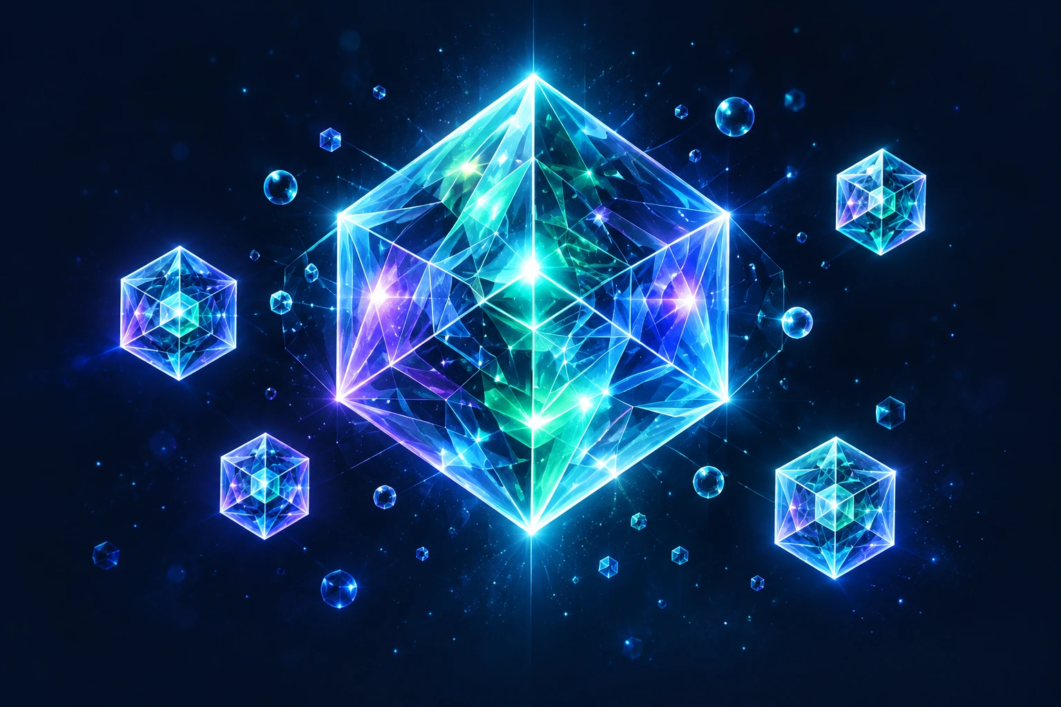 A luminous geometric crystal surrounded by smaller cubes