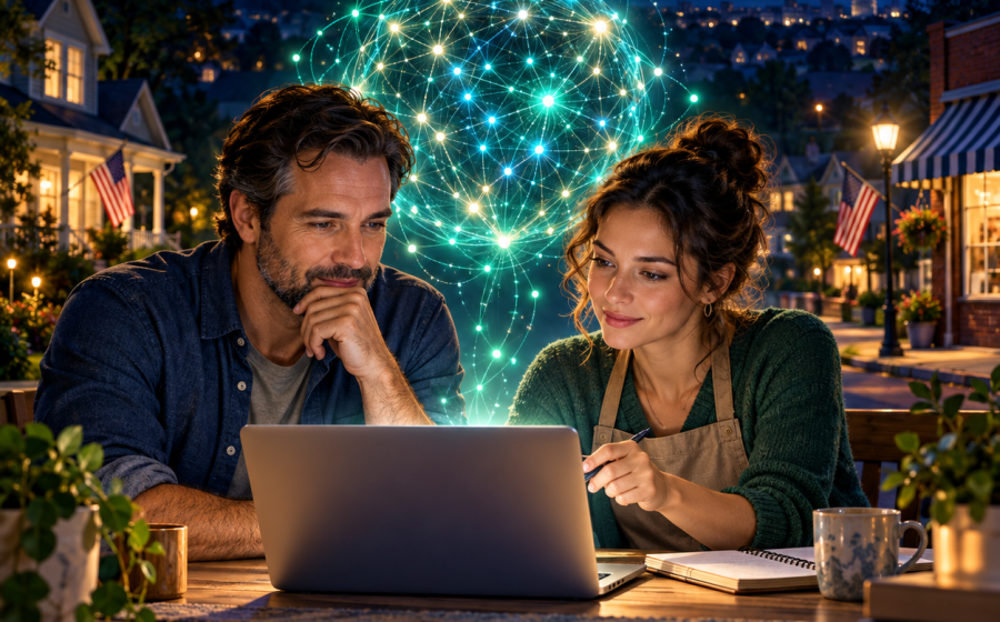 A man and woman look at a laptop together outdoors at dusk, with a glowing network sphere representing advanced AI rising above a town street with American flags.